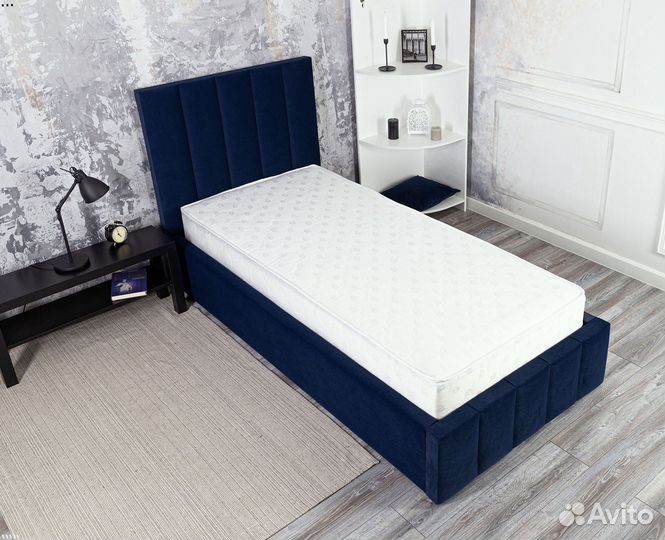 Кровать односпальная Богема 90х200 в велюре Синяя