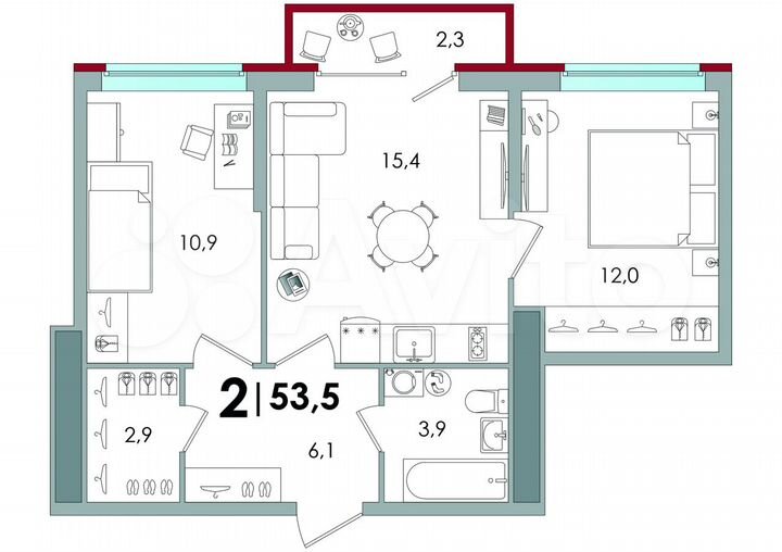 2-к. квартира, 53,5 м², 2/16 эт.