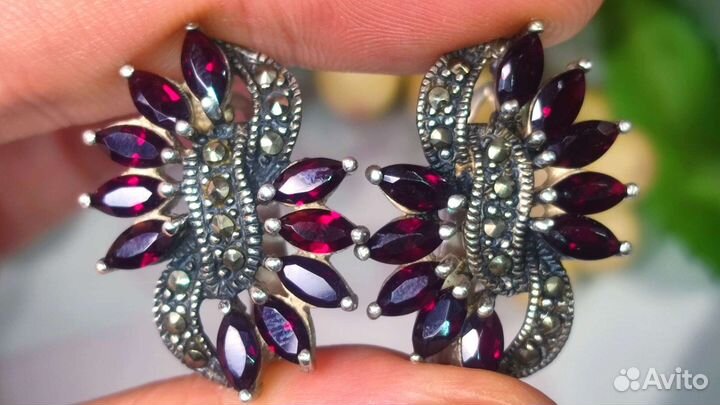 Серьги пиропы+ альмандины (гранат), 12 гр, 925