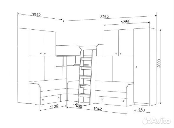 Кровать со шкафом/П и антресолями Дуб Молочный