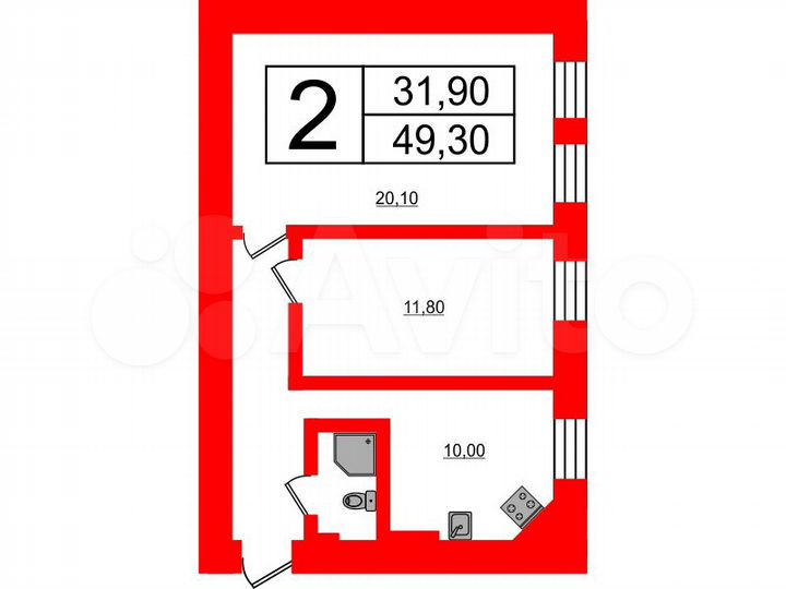 2-к. квартира, 49,3 м², 2/5 эт.