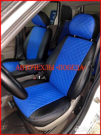 Чехлы LADA Kalina из экокожи чёрно-синие Ромб