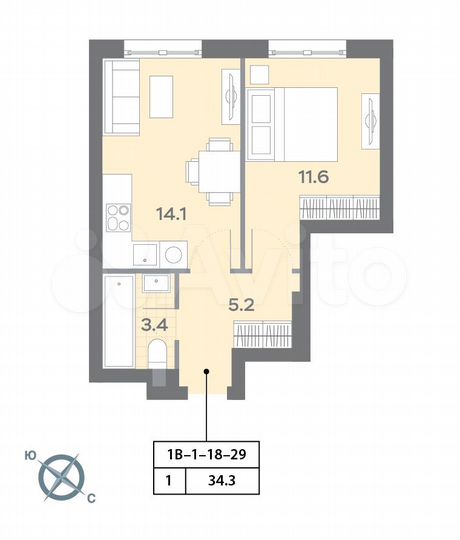 1-к. квартира, 34,3 м², 23/32 эт.