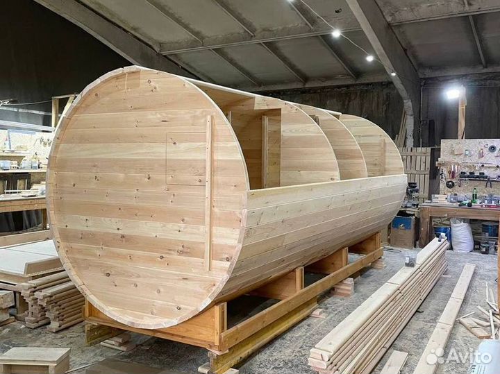Баня бочка 5 м с козырьком