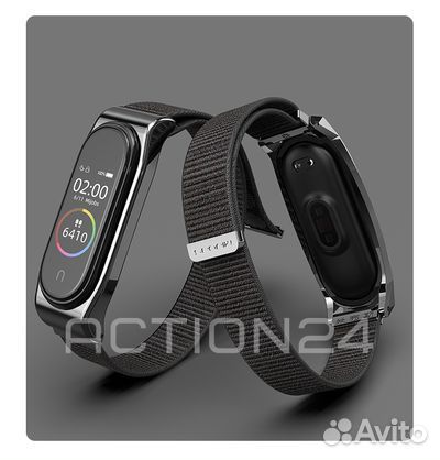 Текстильный ремешок Xiaomi Mi Band 6, 5, 4, 3 с металлической оправой на липучке (черный)