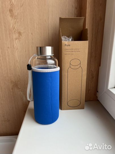 Бутылка для воды 420 мл стеклянная c чехлом