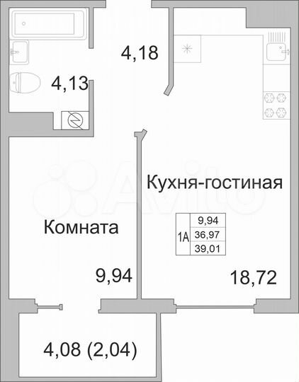 1-к. квартира, 39 м², 5/9 эт.