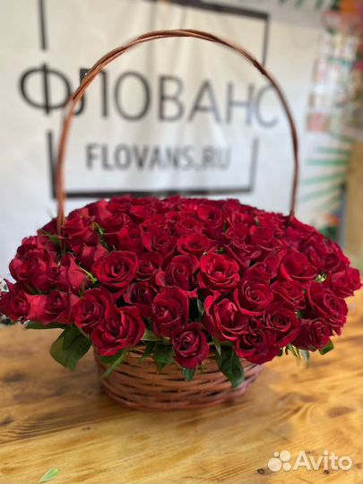 101 роза красная, в корзине