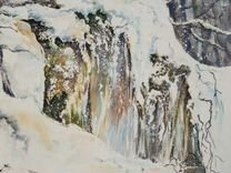 Картина акварелью Застывший водопад Карелия