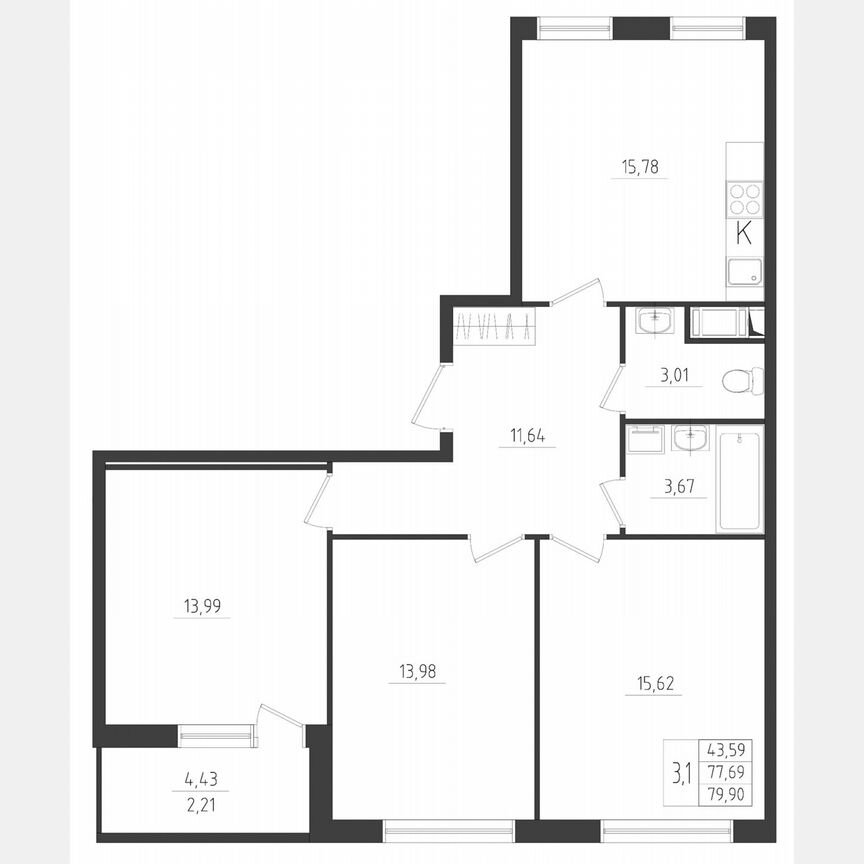 3-к. квартира, 79,9 м², 2/8 эт.