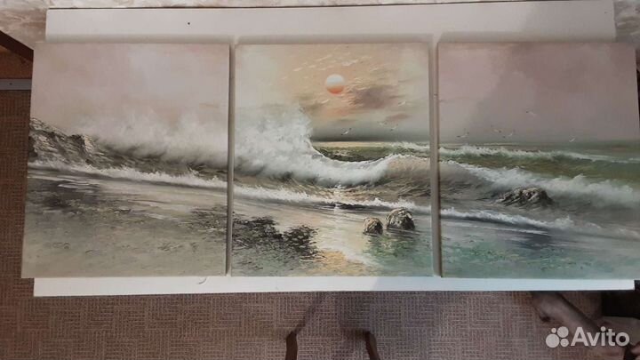 Картина маслом составная, морской пейзаж день/ночь