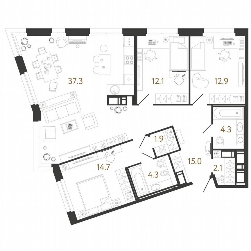 3-к. квартира, 104 м², 5/12 эт.