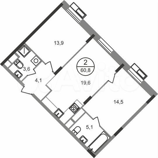 2-к. квартира, 60,8 м², 4/9 эт.