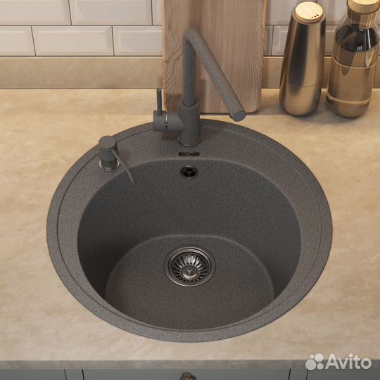 Кухонная мойка кварцевая круглая, серая