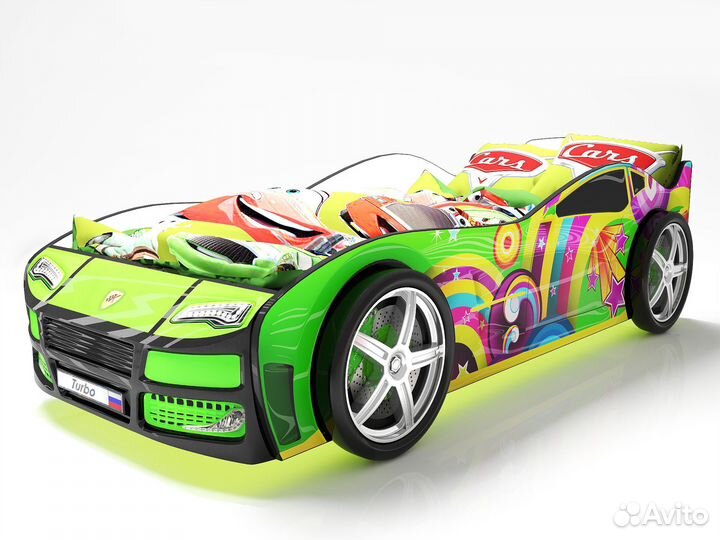 Кровать-машина Турбо Зеленая с колесами (2шт.), с