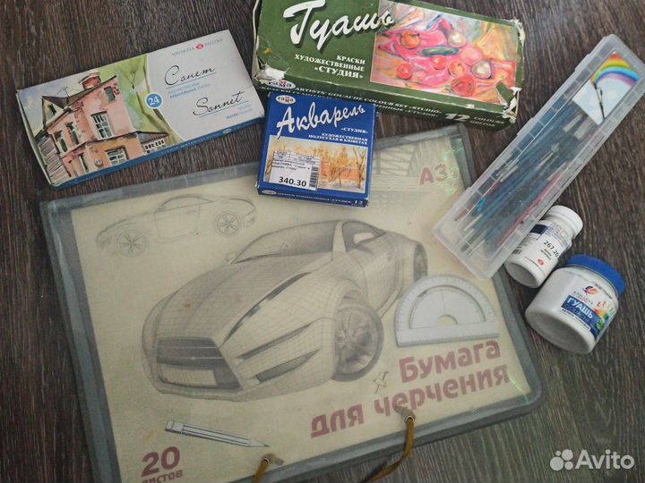 Краски акварельные сонет и акварель, кисти, белила
