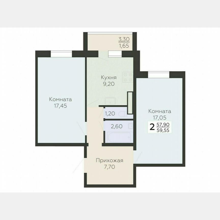 2-к. квартира, 59,6 м², 2/15 эт.