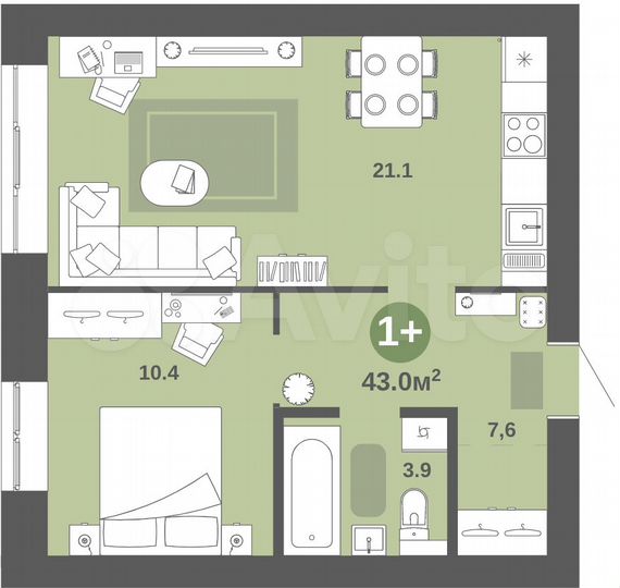 1-к. квартира, 43 м², 1/5 эт.