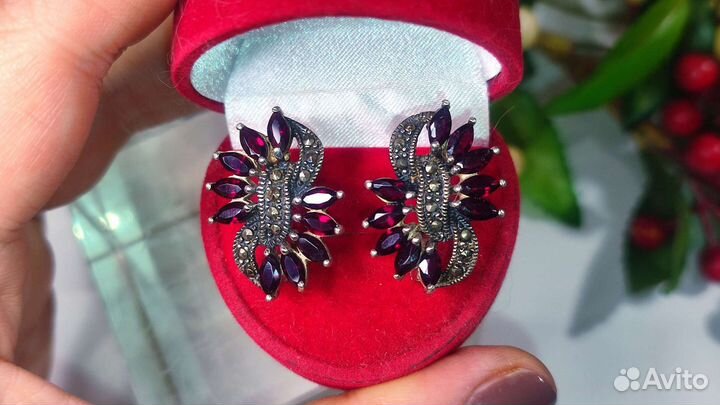 Серьги пиропы+ альмандины (гранат), 12 гр, 925