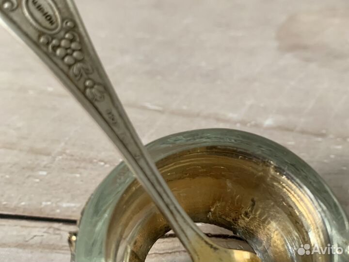 Мельхиоровая солонка с ложечкой эмаль СССР винтаж