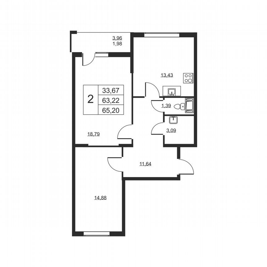 2-к. квартира, 65,2 м², 12/19 эт.