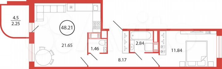1-к. квартира, 48,2 м², 4/12 эт.
