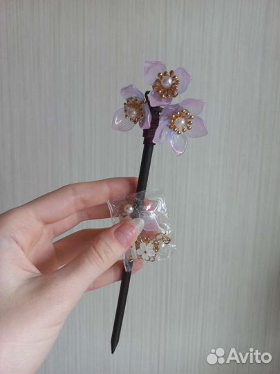 Китайская заколка шпилька с сиреневыми цветами