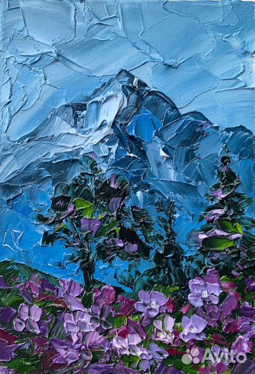 Картина маслом горный пейзаж поле с цветами