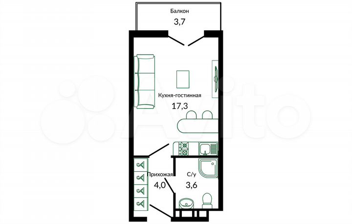 Квартира-студия, 28,8 м², 9/11 эт.