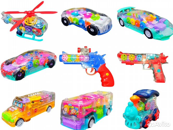 Прозрачные машинки с шестеренками (свет, звук)