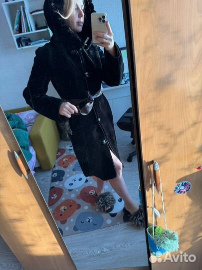 Шуба мутоновая 44 46 с капюшоном с норкой