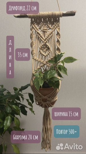 Подвесное кашпо макраме с дрифтвуд