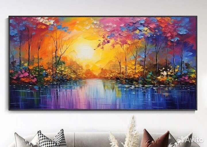 Текстурная картина маслом закат над лесом