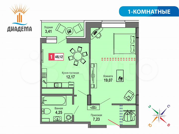 1-к. квартира, 46,1 м², 17/22 эт.