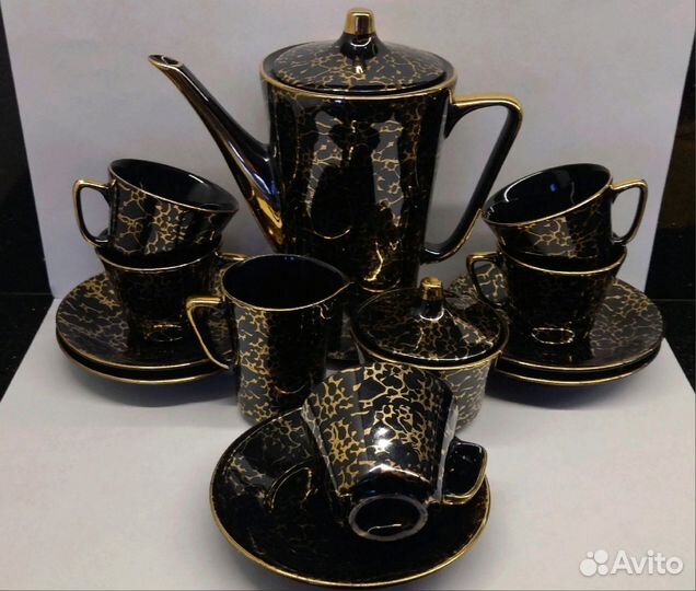 Кофейный сервиз на 5 персон. чёрный-золото. польша