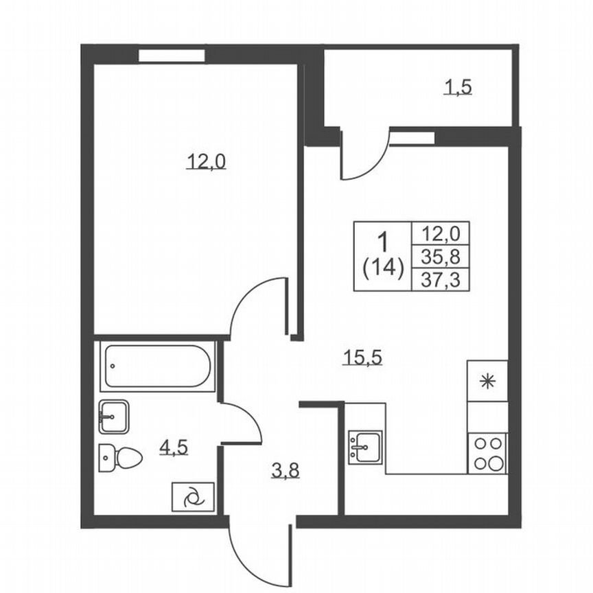 1-к. квартира, 37,3 м², 1/8 эт.