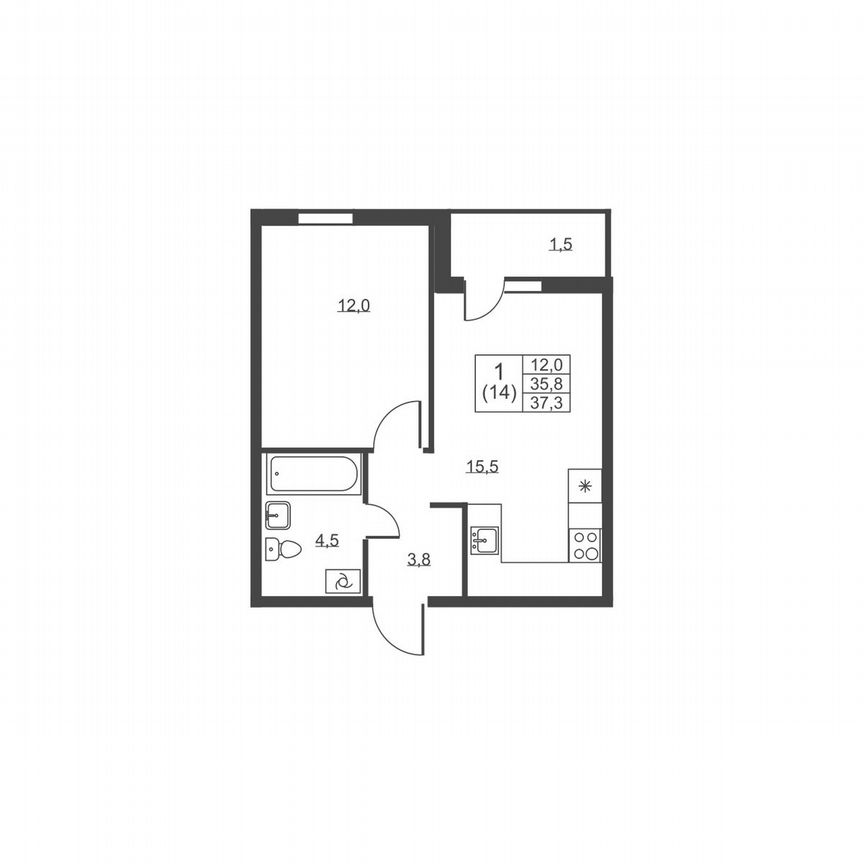 1-к. квартира, 37,3 м², 1/8 эт.