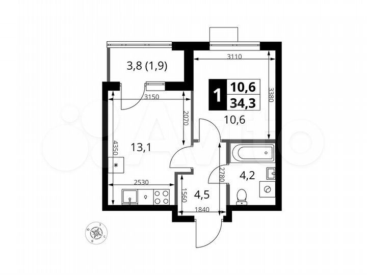 1-к. квартира, 34,3 м², 17/18 эт.