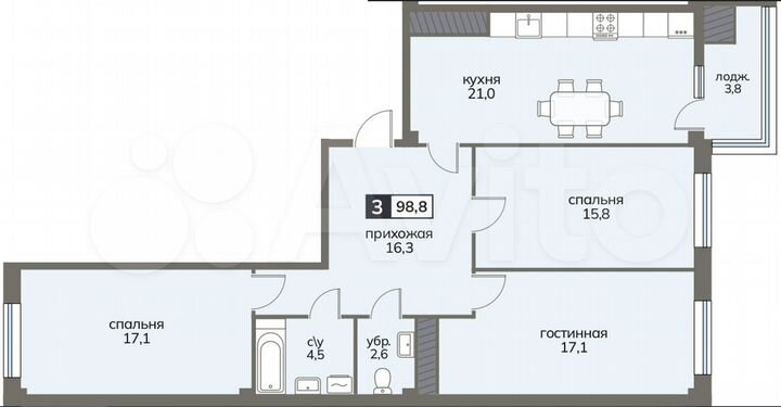 3-к. квартира, 98,8 м², 6/12 эт.