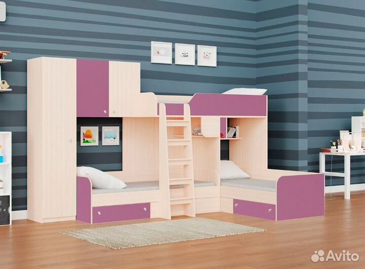 Трехместная кровать трио/2 Дуб молочный/Фиолетовый