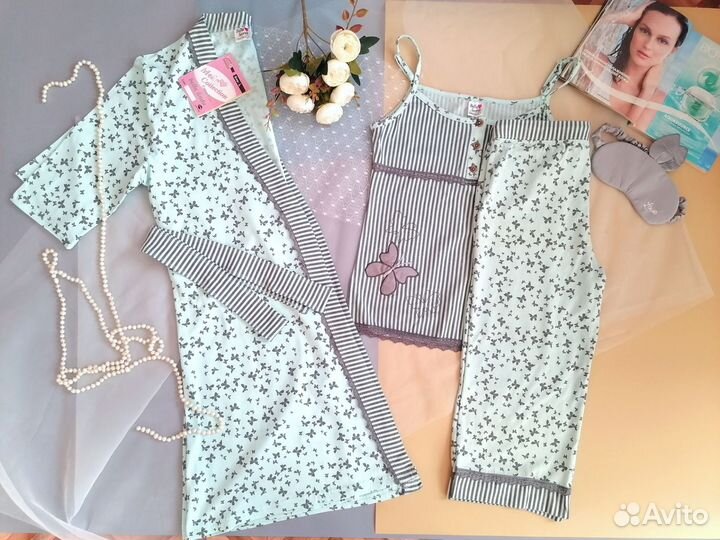 Новая пижама с бриджами и халатом женская 42-44