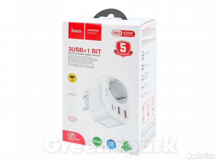 Сетевой фильтр hoco NS3 1 гнездо +2xUSB QC3.0, 3A