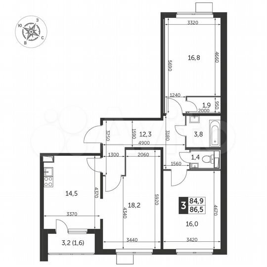 3-к. квартира, 86,8 м², 22/25 эт.
