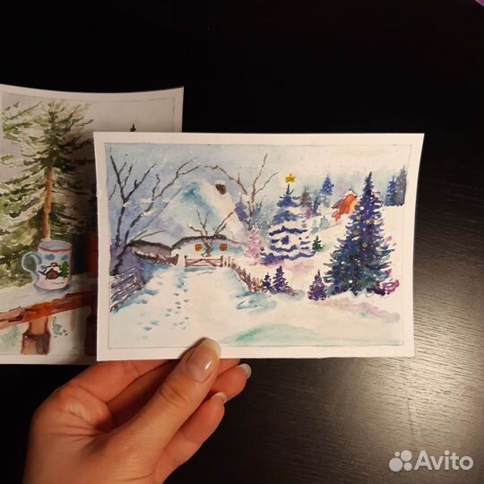 Открытки акварельные новогодние