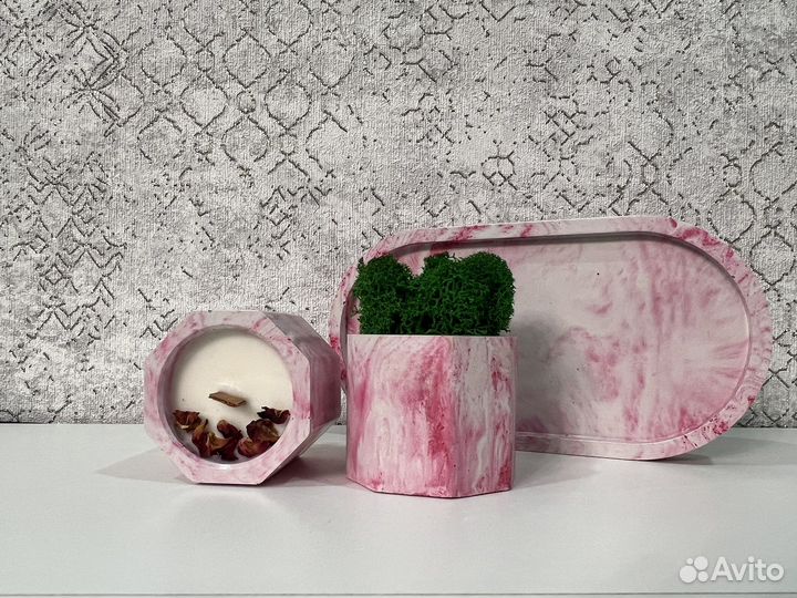 Набор кашпо с зеленым мхом+ свеча+поднос