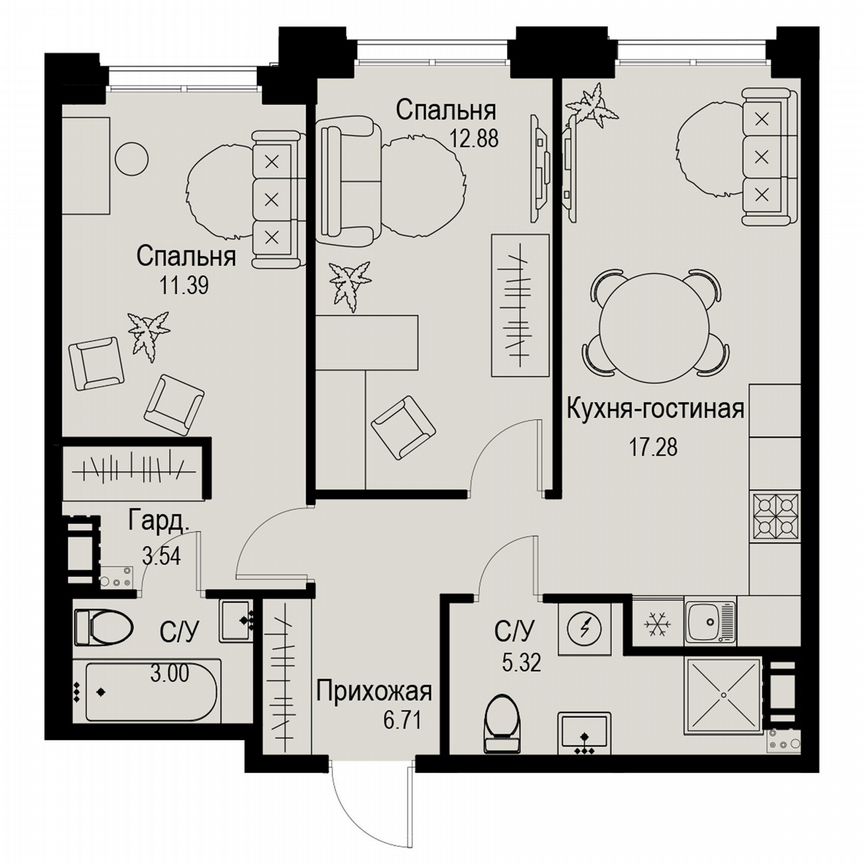 2-к. квартира, 60,1 м², 6/6 эт.