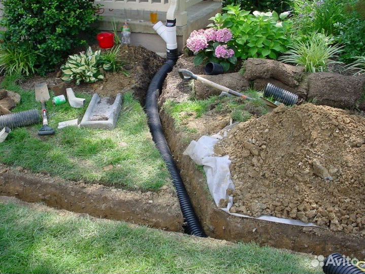 Дренаж на участке под ключ, заезд через канаву