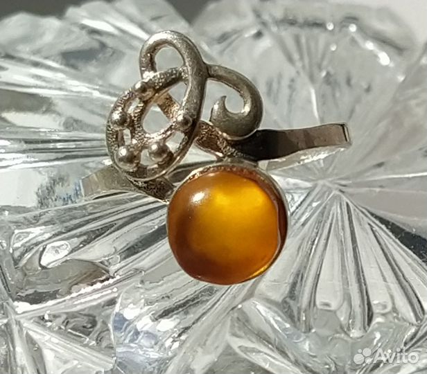 Кольцо серебро СССР 925 проба звезда янтарь