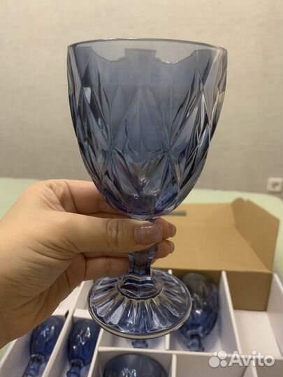 Бокалы из цветного стекла, синие 8шт