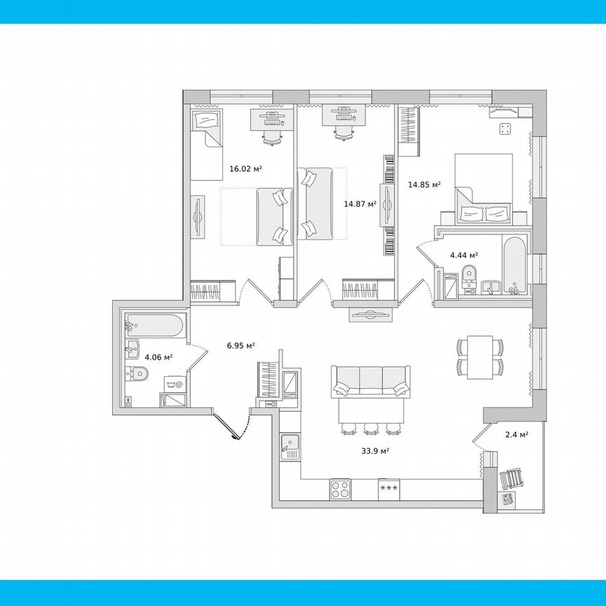 3-к. квартира, 97,5 м², 2/16 эт.